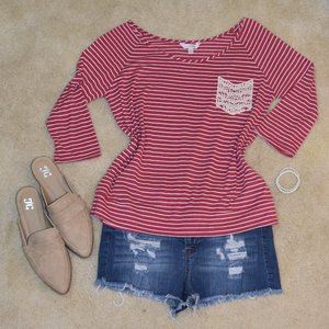 Red and White Stripe Blouse with Lace Pocket